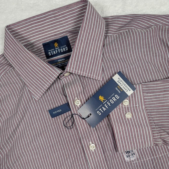 Stafford Other - Stafford Shirt Mens 16.5 32/33 Red Stripe Fitted Travel Easy Care Broadcloth
